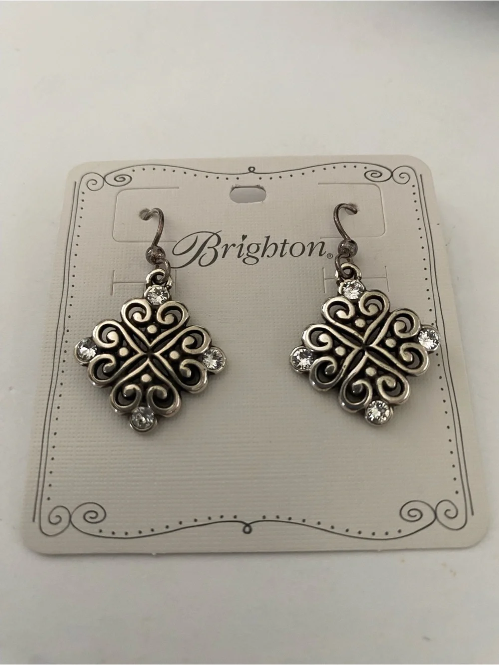 Brighton Alcazar Silver Heart Filigree Clover Drop Earrings with Crystal Accents